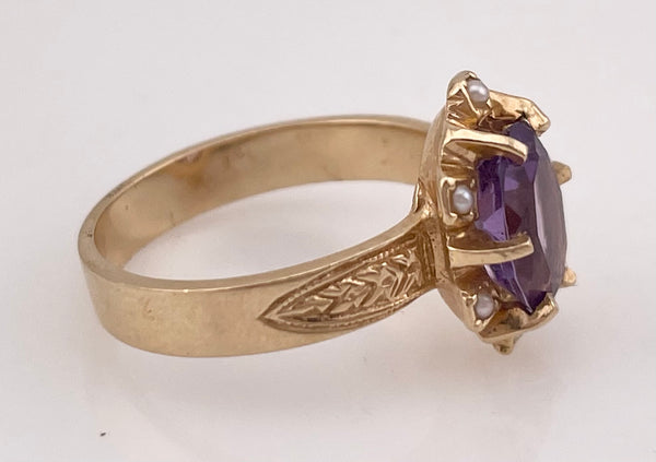 size 6.5 14k yellow gold seed pearl & faceted amethyst ring