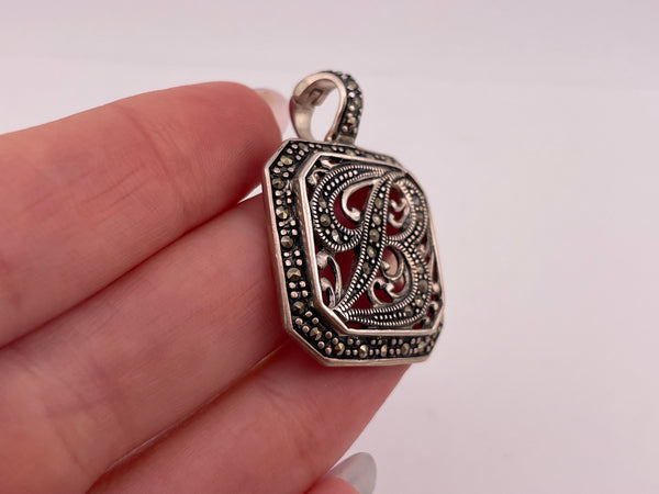 sterling silver 'B' letter initial marcasite pendant