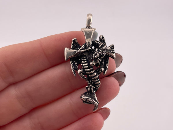sterling silver dragon on cross pendant