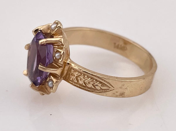 size 6.5 14k yellow gold seed pearl & faceted amethyst ring