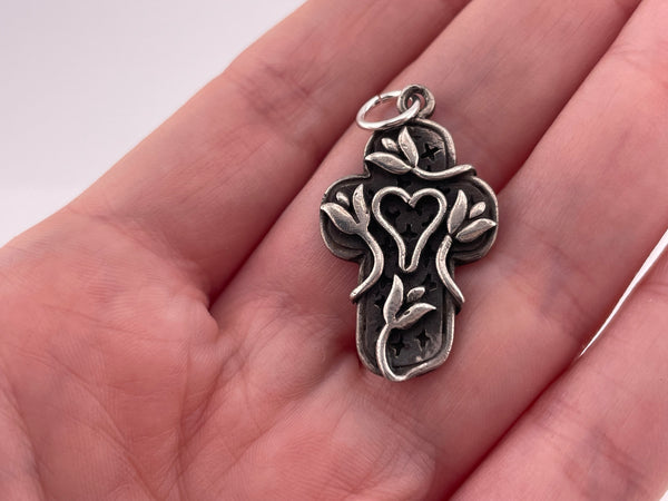 sterling silver heart flower cross pendant