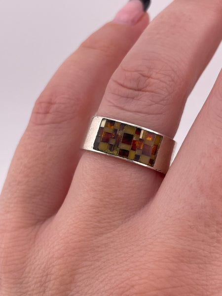 size 6.75 sterling silver mosaic amber band ring