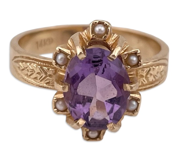 size 6.5 14k yellow gold seed pearl & faceted amethyst ring