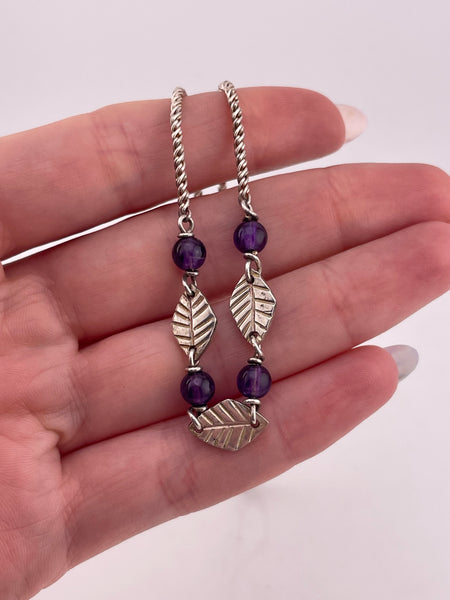 sterling silver 16" or 18-1/4"  amethyst leaf necklace