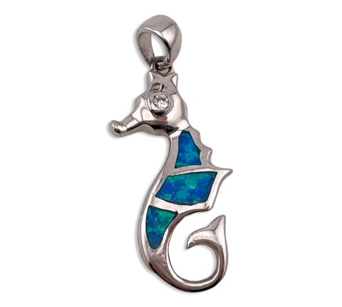 sterling silver synthetic opal rhinestone seahorse pendant