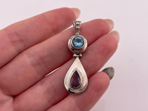 sterling silver faceted blue glass & amethyst hinge pendant