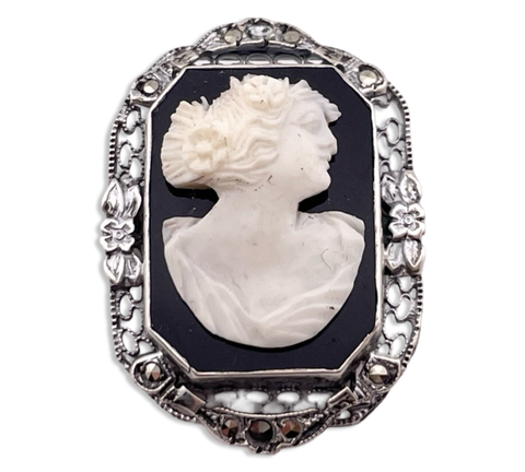 sterling silver cameo onyx brooch pin ***AS IS***