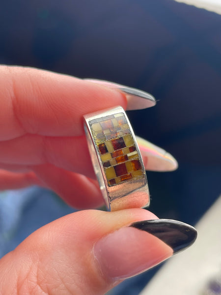 size 6.75 sterling silver mosaic amber band ring