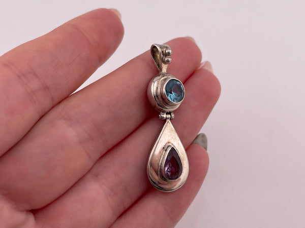 sterling silver faceted blue glass & amethyst hinge pendant