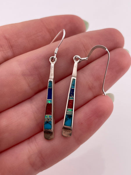 sterling silver double sided multi-stone inlay hook dangle earrings