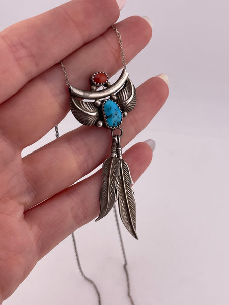 sterling silver 16-1/2" turquoise coral feather necklace