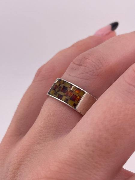 size 6.75 sterling silver mosaic amber band ring
