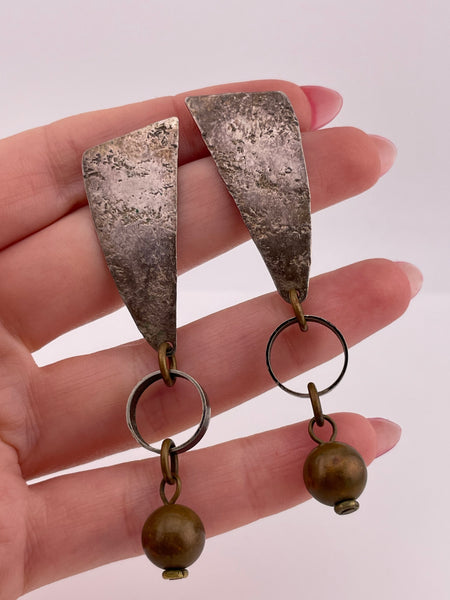 sterling silver & brass textured artisan Marjorie Baer post dangle earrings