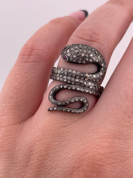 size 6.75 sterling silver rhinestone spinel snake ring ***AS IS***