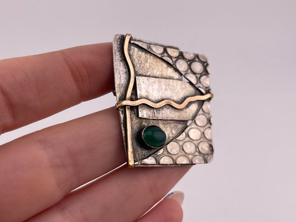 sterling silver & brass signed Thorp artisan chrysoprase abstract brooch