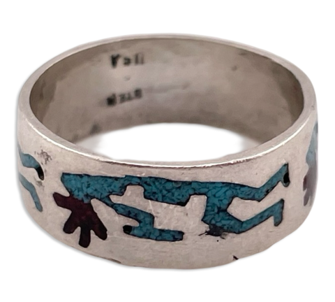 size 7.75 sterling silver crushed turquoise coral ring Kokopelli ring