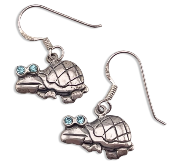 sterling silver turtle faceted blue glass hook dangle earrings