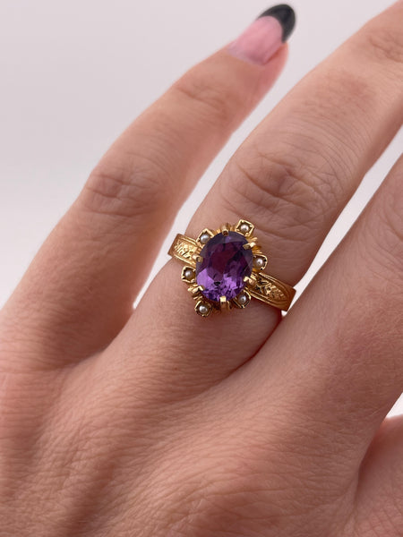 size 6.5 14k yellow gold seed pearl & faceted amethyst ring