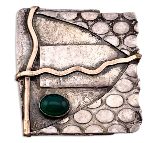 sterling silver & brass signed Thorp artisan chrysoprase abstract brooch