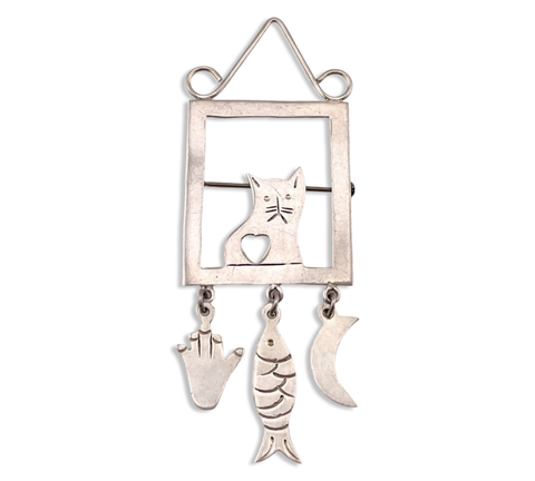 sterling silver cat hand fish moon brooch pin