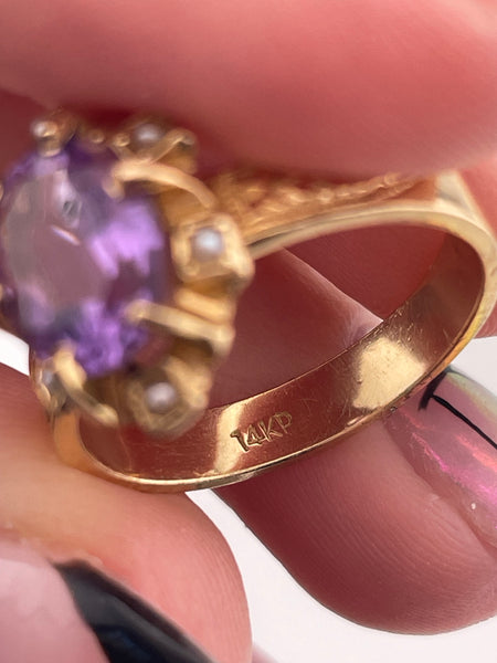 size 6.5 14k yellow gold seed pearl & faceted amethyst ring