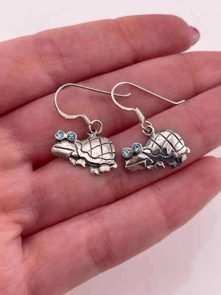 sterling silver turtle faceted blue glass hook dangle earrings