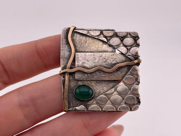 sterling silver & brass signed Thorp artisan chrysoprase abstract brooch