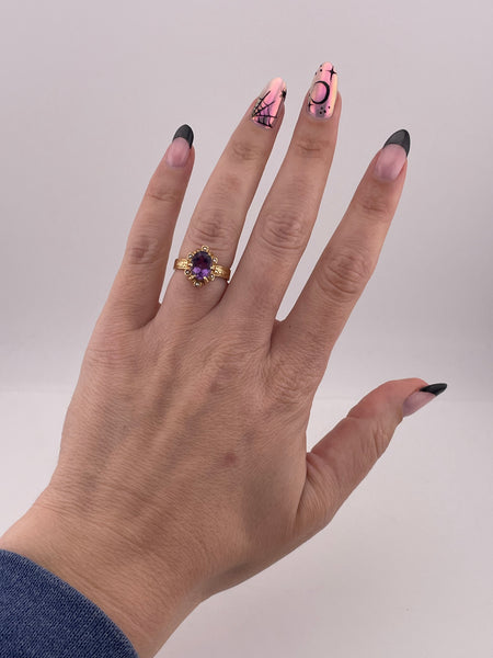 size 6.5 14k yellow gold seed pearl & faceted amethyst ring