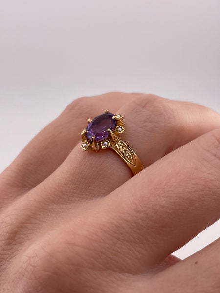 size 6.5 14k yellow gold seed pearl & faceted amethyst ring