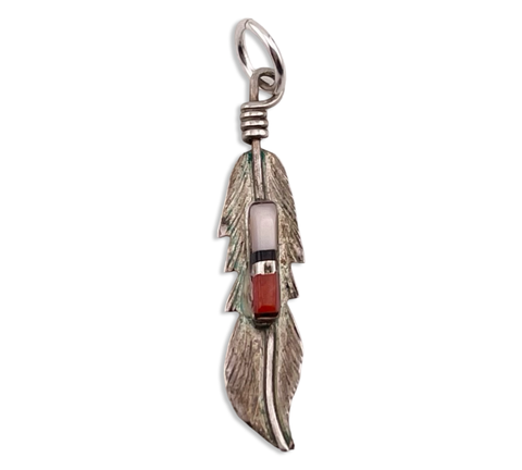 sterling silver mother of pearl coral feather pendant