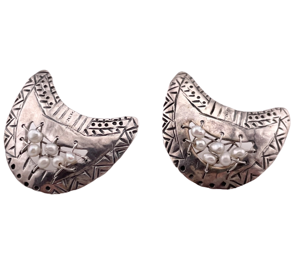 sterling silver synthetic pearl moon post earrings