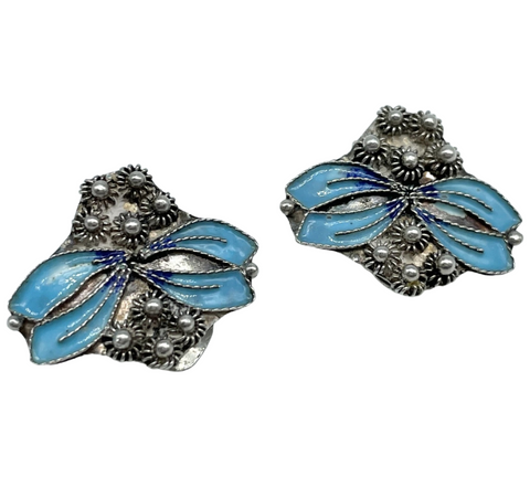 sterling silver Bali style enamel clip on vintage earrings **AS IS**