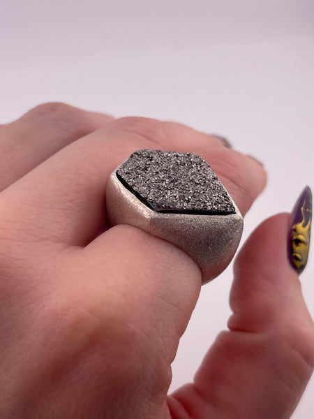 size 7.75 sterling silver textured brushed matte finish chunky druzy doublet ring