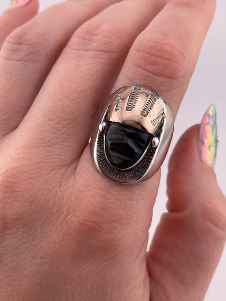 size 8.5 sterling silver gold wash carved gold flake obsidian ring