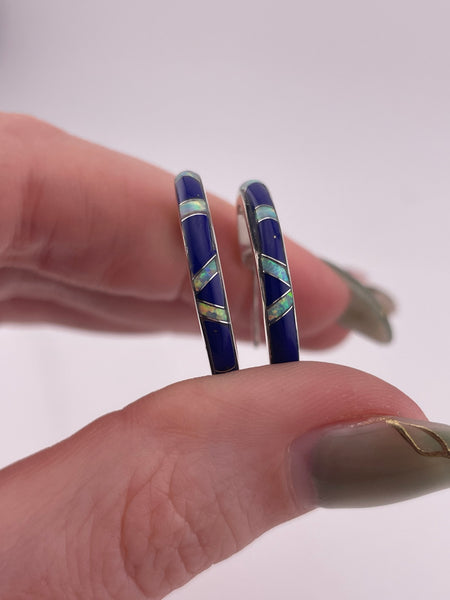 sterling silver lapis lab opal post partial hoop earrings