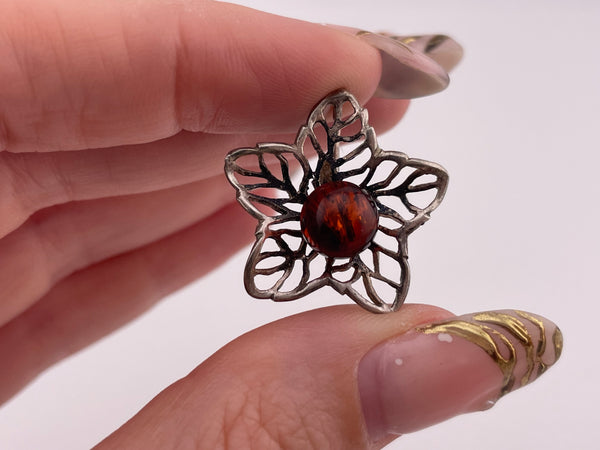 sterling silver amber orb leaf star pendant