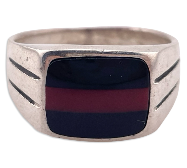 size 10.75 sterling silver black red stripe resin ring