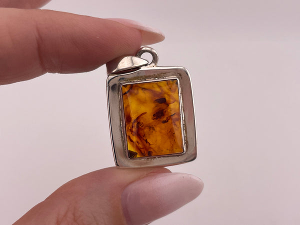 sterling silver rectangle amber pendant