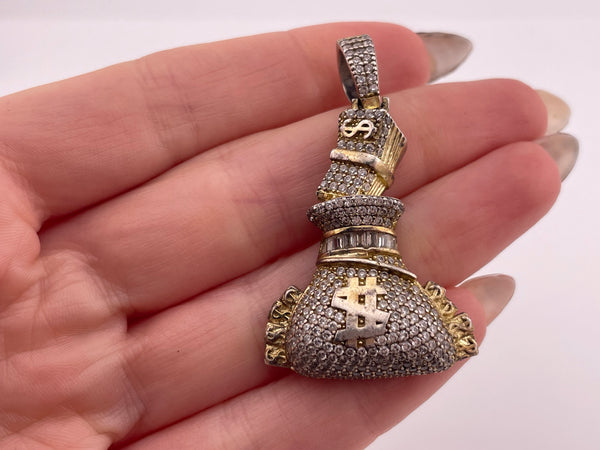 sterling silver gold wash rhinestone money bag pendant ***AS IS***