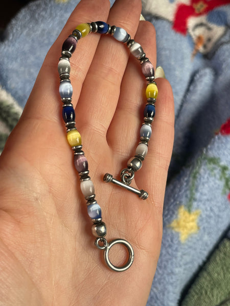 sterling silver 7 3/4" glass cat's eye toggle clasp link bracelet