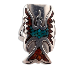 size 7.75 sterling silver crushed turquoise coral peyote bird ring