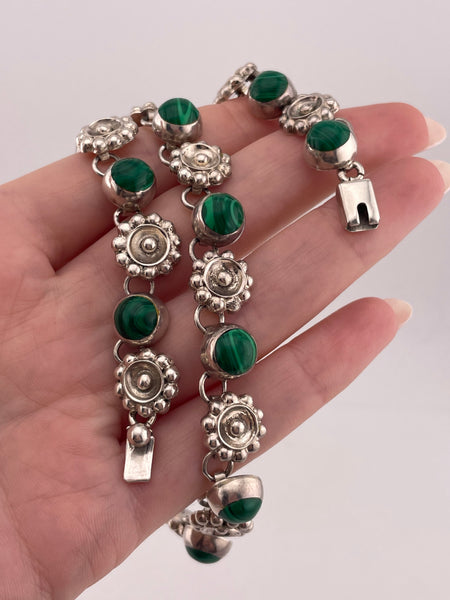 sterling silver Mexican malachite flower collar necklace