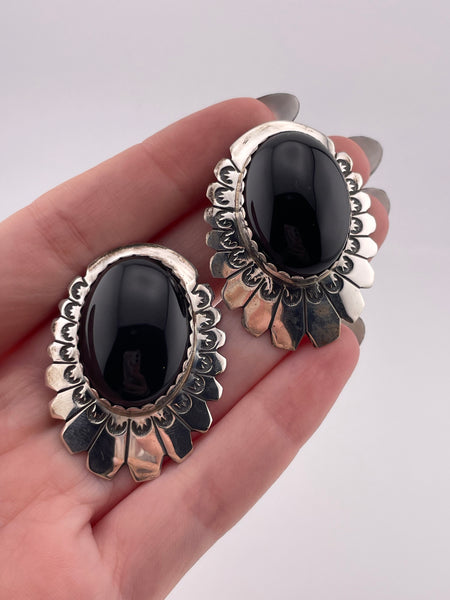 sterling silver large onyx clip on earrings