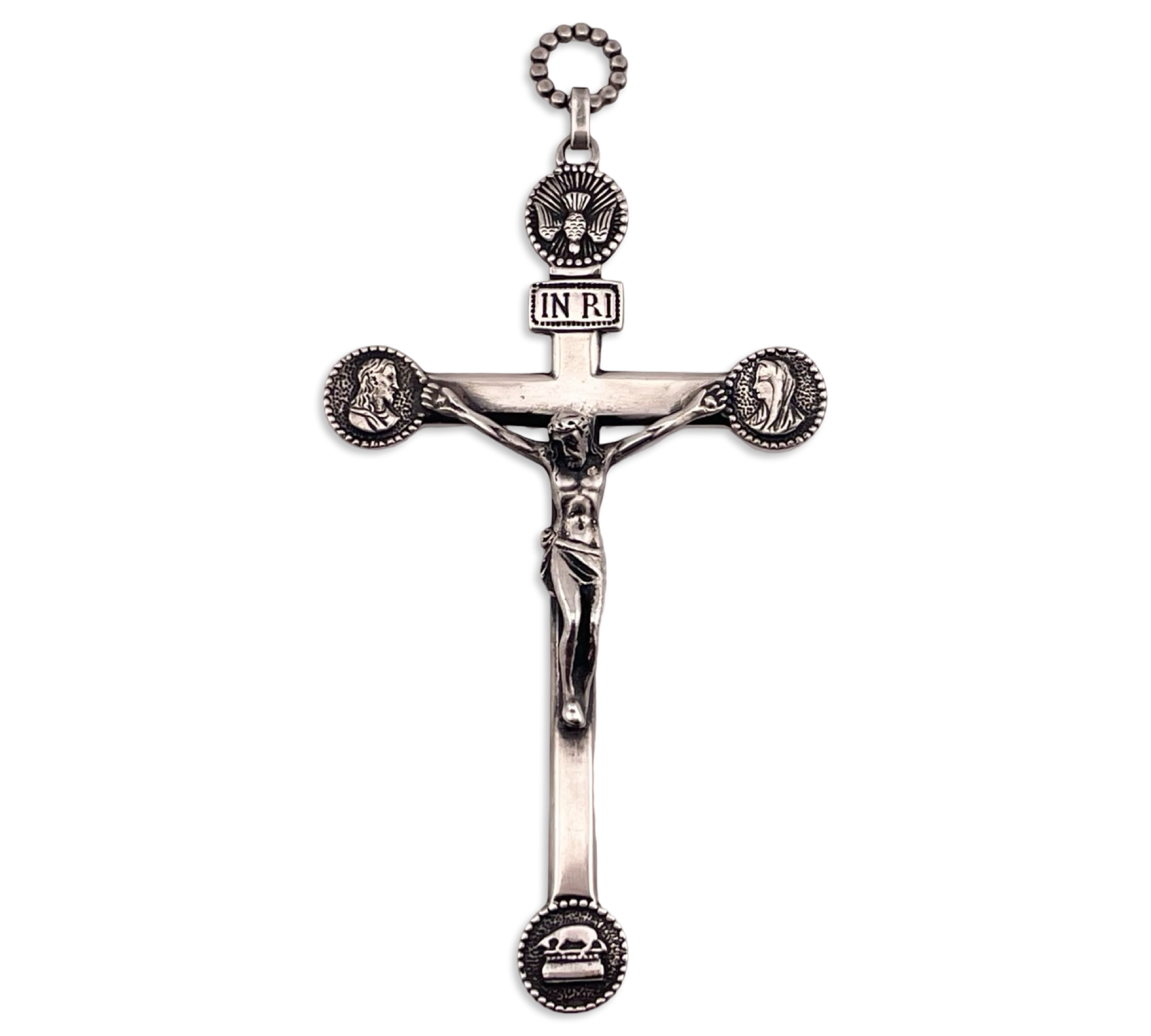 sterling silver large Parenti Sisters engraved bishop's crucifix cross pendant