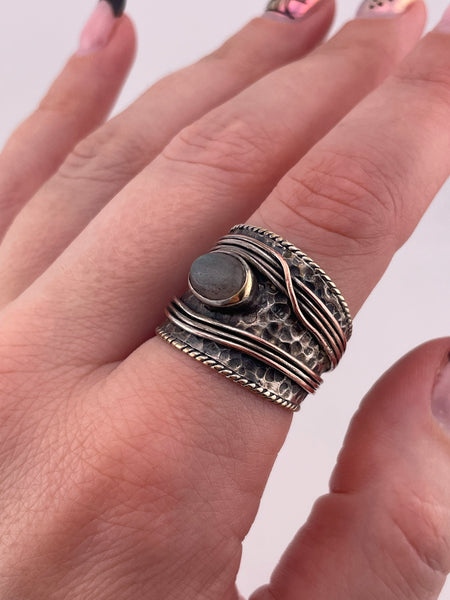 size 8.5 sterling silver, copper, brass labradorite textured wide band ring