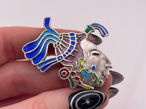 sterling silver Mexican figural enamel pendant / brooch