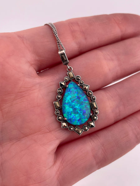 sterling silver marcasite & lab opal pendant necklace