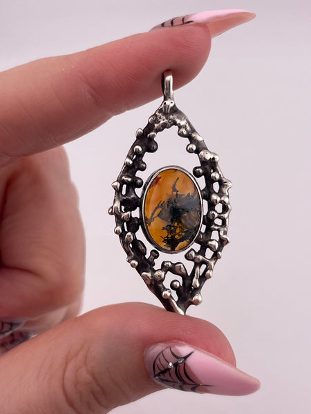 sterling silver moss agate brutalist pendant