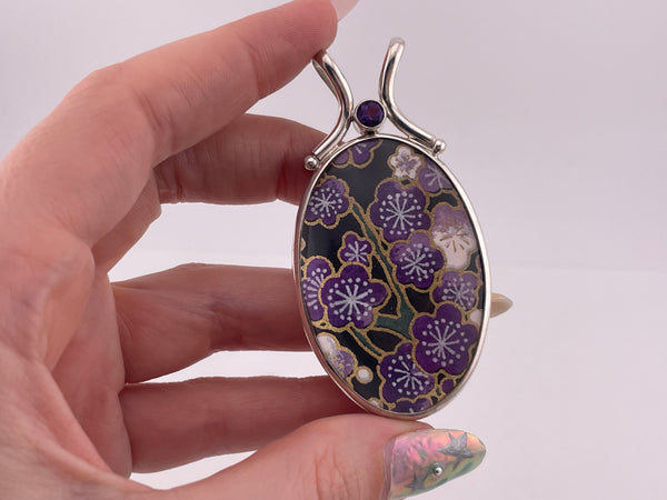 sterling silver large Sajen reversible fabric & gemstone pendant