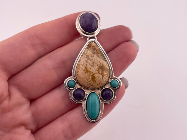 sterling silver jasper charoite stabilized turquoise dangle pendant